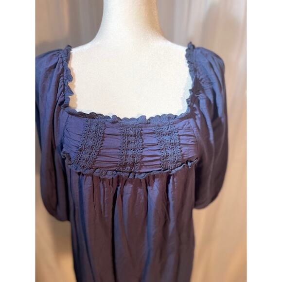 Laffaire Size Large Blouse Smocked‎ Bodice Short Sleeve Dark Blue - Picture 1 of 4